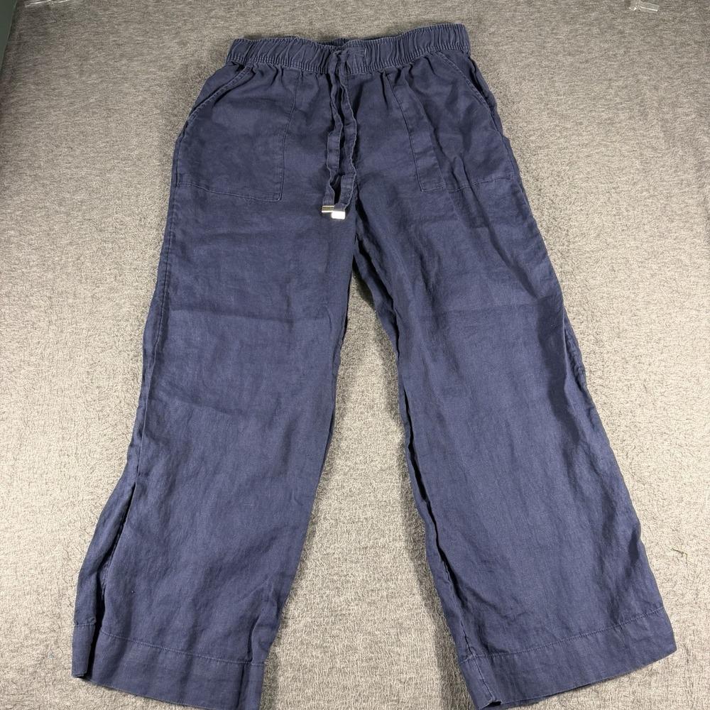 Joie Navy Blue Linen Wide Leg Cropped Pants Size Large Beach Minimalist Resort